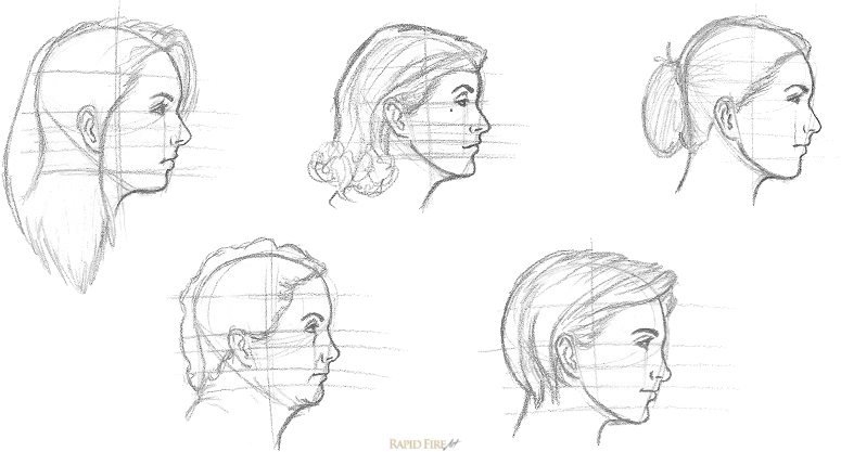 Examples how to draw female faces from the side RFA